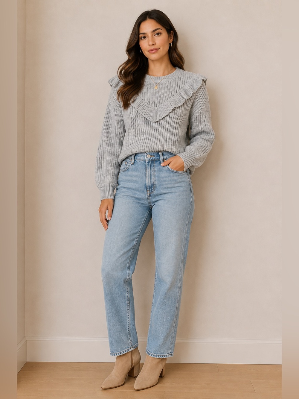 Blanknyc Gray Ruffle Knit Pullover Sweater